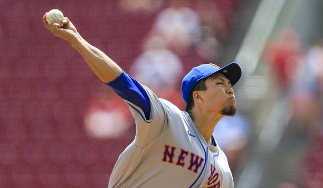New York Mets&#x27; Kodai Senga throws during a baseball game against the Cincinnati Reds in Cincinnati, Thursday, May 11, 2023. The Reds won 5-0. (AP Photo/Aaron Doster)