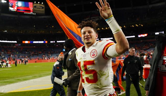 Kansas City Chiefs quarterback Patrick Mahomes (15) waves after the Chiefs defeated the Denver Broncos in an NFL football game Saturday, Jan. 8, 2022, in Denver. The Super Bowl champion Kansas City Chiefs will host the Detroit Lions on Sept. 7 to kick off the 2023 NFL season. And NFL fans will get their first look at star quarterback Aaron Rodgers in a Jets uniform when New York faces the Buffalo Bills on “Monday Night Football” on Sept. 11. That&#x27;s according to early details released Thursday, May 11, 2023, on this year’s NFL schedule. (AP Photo/Jack Dempsey) **FILE**