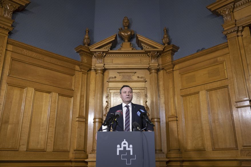 State Councillor Werner Salzmann addresses the media during a press conference of the Security Policy Committee of the State Council on the War Material Act in Bern, Switzerland, Thursday, May 11, 2023 (Anthony Anex/Keystone via AP)