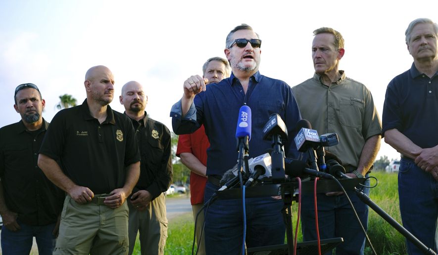 Sen. Ted Cruz speaks during a news conference after visiting a migrant processing facility in Brownsville, Texas near the University of Texas Rio Grande Valley hours before Title 42 comes to an end Thursday, May 11, 2023,  (Miguel Roberts/The Brownsville Herald via AP)