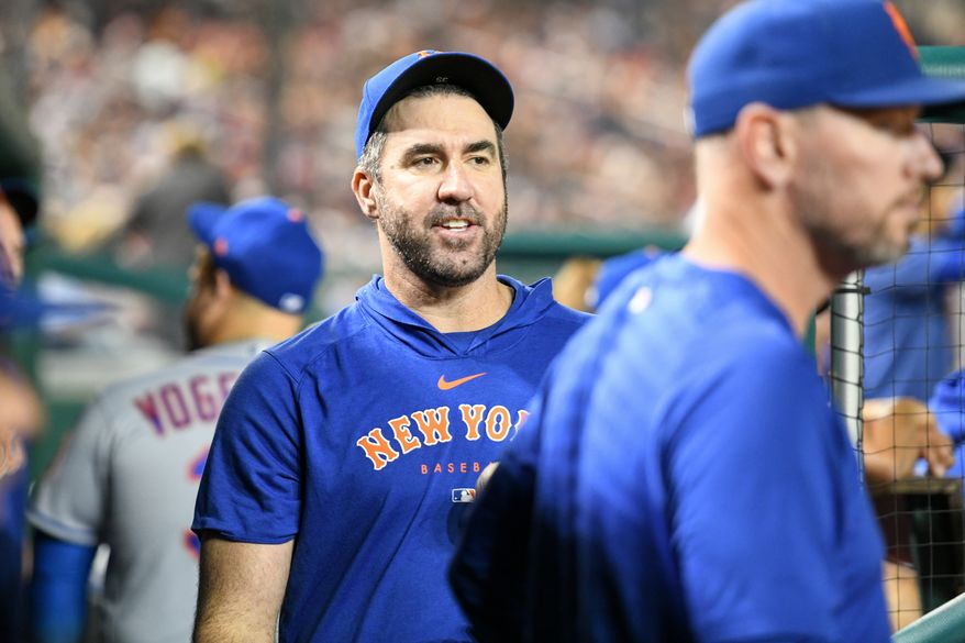 New York Mets starting pitcher Justin Verlander (35) in the dugout during an MLB game against the Washington Nationals at Nationals Park in Washington D.C., May 12, 2023. (Photo by Billy Sabatini/All-Pro Reels)
