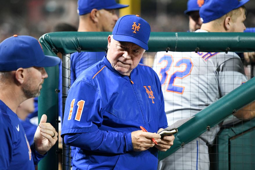New York Mets manager Buck Showalter (11) in the dugout during an MLB game against the Washington Nationals at Nationals Park in Washington D.C., May 12, 2023. (Photo by Billy Sabatini/All-Pro Reels)