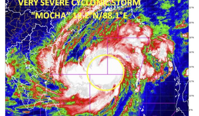 This satellite image provided by India Meteorological Department shows storm Mocha intensify into a very severe cyclonic storm. Authorities in Bangladesh and Myanmar prepared to evacuate hundreds of thousands of people Friday, warning them to stay away from coastal areas as a severe cyclonic storm churned in the Bay of Bengal. The storm is expected to roar in on Sunday with a wind speed of up to 160 kilometers per hour (100 miles per hour), gusting to 175 kph (110 mph) between Cox’s Bazar in Bangladesh and Kyaukpyu in Myanmar, India&#x27;s Meteorological Department said. (India Meteorological Department via AP)
