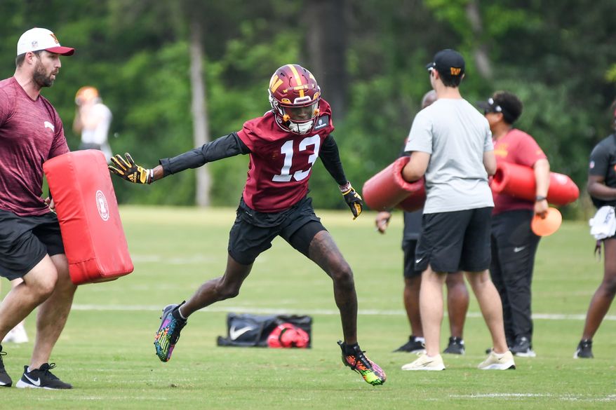 Washington Commanders first-round draft pick Emmanuel Forbes, Jr. (13) doing drills during Rookie Mini-Camp at the team's training facility in Ashburn, VA, May 12, 2023. (Photo by Billy Sabatini)