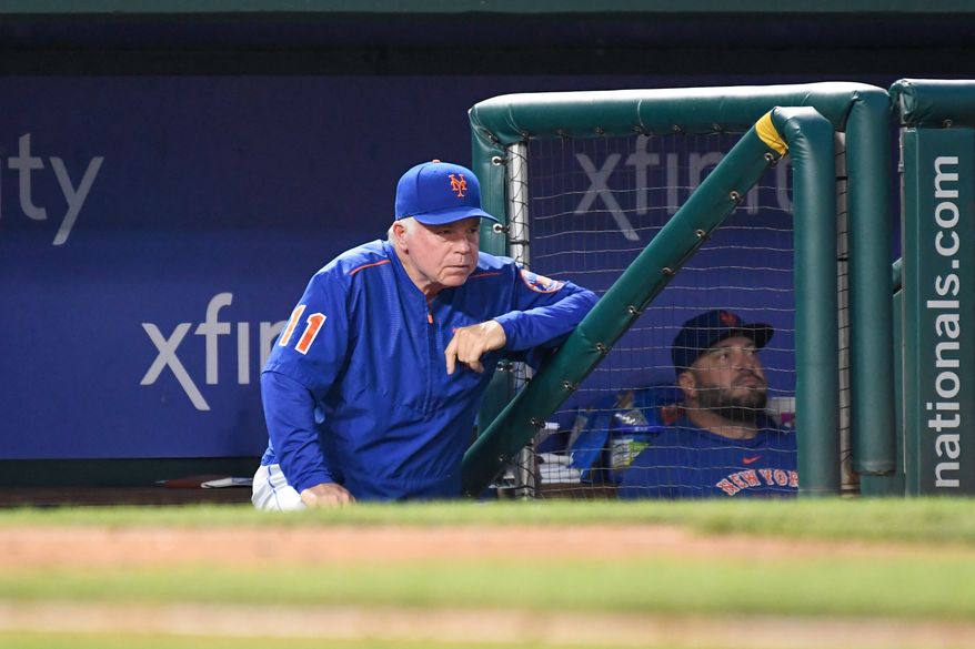 New York Mets manager Buck Showalter (11) in the dugout during an MLB game against the Washington Nationals at Nationals Park in Washington D.C., May 12, 2023. (Photo by Billy Sabatini/All-Pro Reels)
