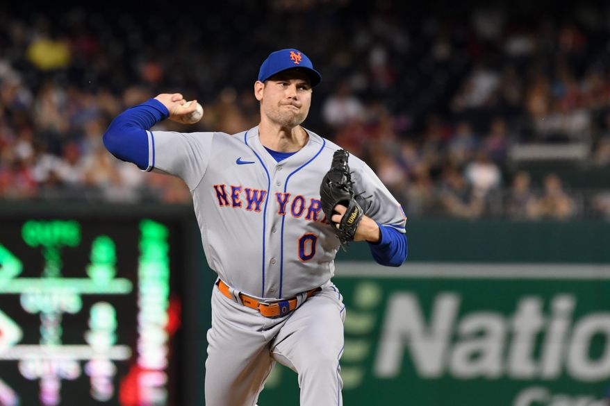 New York Mets relief pitcher Adam Ottavino (0) throwing a pitch during the seventh inning of an MLB game against the Washington Nationals at Nationals Park in Washington D.C., May 12, 2023. (Photo by Billy Sabatini/All-Pro Reels)
