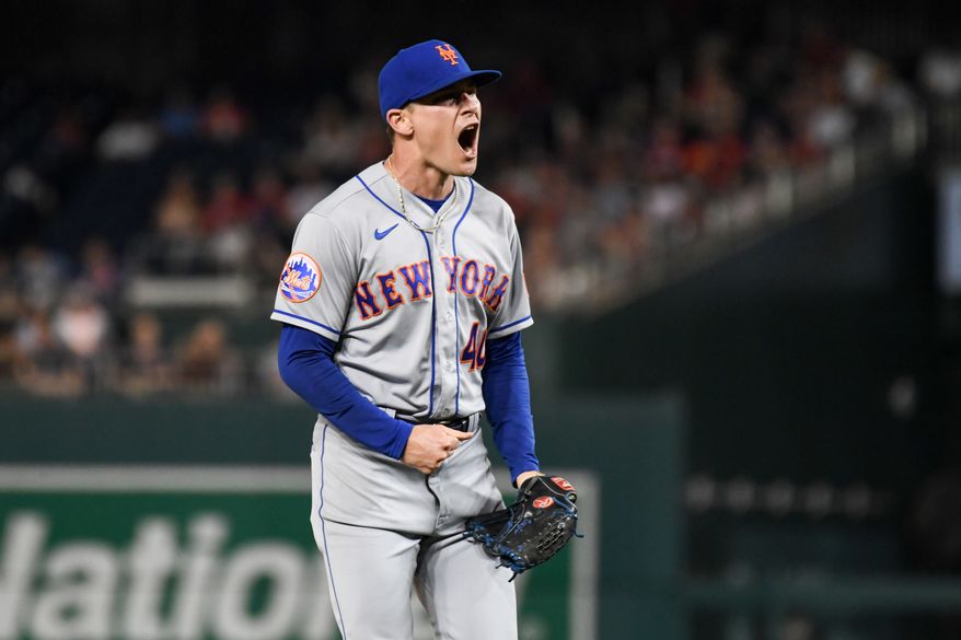 New York Mets relief pitcher Drew Smith (40) after striking out Washington Nationals right fielder Lane Thomas (28) to end the game and give the Mets the 3-2 victory at Nationals Park in Washington D.C., May 12, 2023. (Photo by Billy Sabatini/All-Pro Reels)