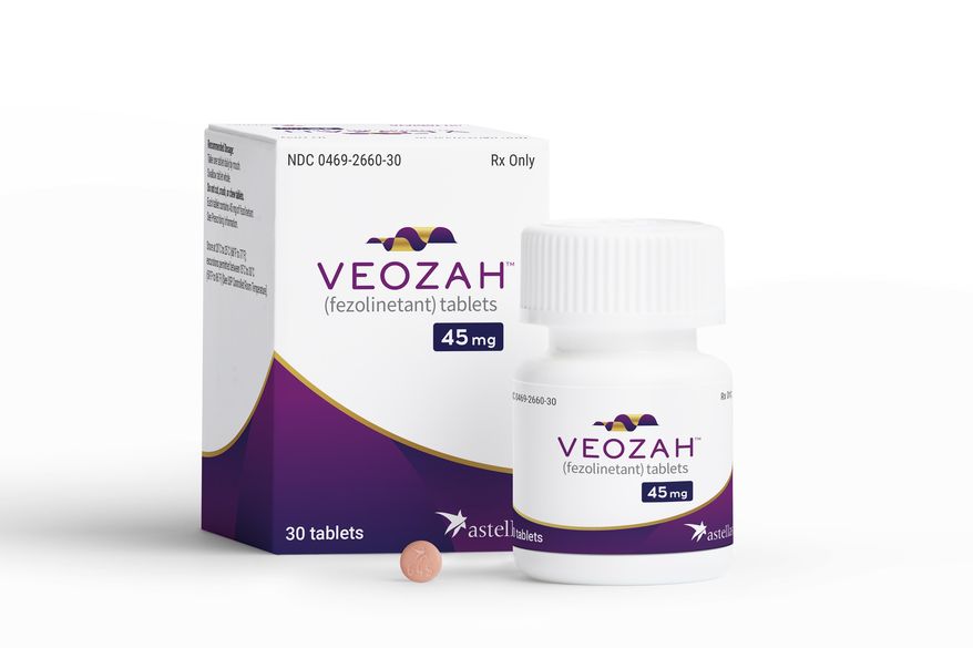 In this undated product photo released by Astellas Pharma, a box and container of Veozah drug are displayed. U.S. health regulators on Friday approved a new type of drug for women dealing with uncomfortable hot flashes caused by menopause. (Astellas Pharma via AP)