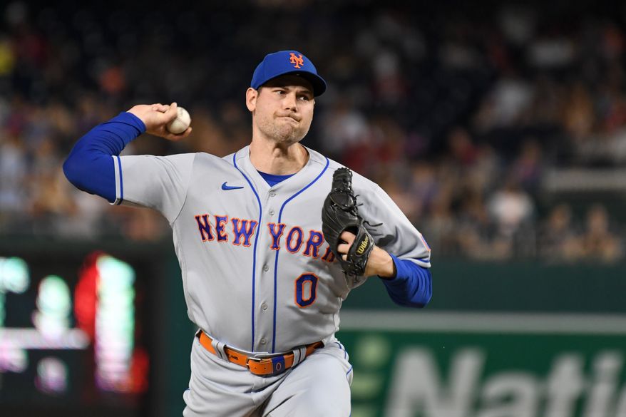 New York Mets relief pitcher Adam Ottavino (0) throwing a pitch during the seventh inning of an MLB game against the Washington Nationals at Nationals Park in Washington D.C., May 12, 2023. (Photo by Billy Sabatini/All-Pro Reels)