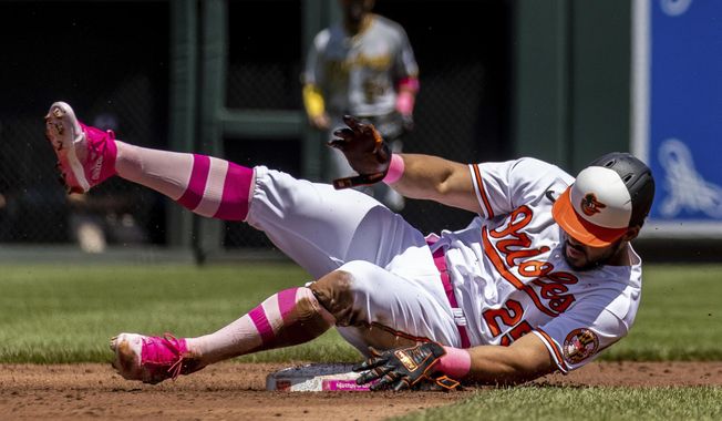 Baltimore Orioles&#x27; Anthony Santander (25) slides to second base during the first inning of a baseball game against the Pittsburgh Pirates, Sunday, May 14, 2023, in Baltimore. (AP Photo/Julia Nikhinson)