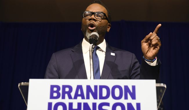 Chicago Mayor-elect Brandon Johnson speaks to supporters, April 4, 2023, in Chicago. (AP Photo/Paul Beaty) ** FILE **