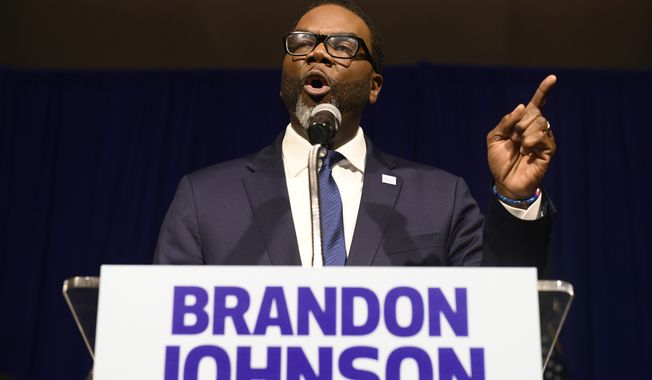 Chicago Mayor-elect Brandon Johnson speaks to supporters, April 4, 2023, in Chicago. Johnson will take office Monday, May 15, 2023. He faces an influx of migrants in desperate need of shelter, pressure to build support among skeptical business leaders and summer months that historically bring a spike in violent crime. (AP Photo/Paul Beaty) **FILE**