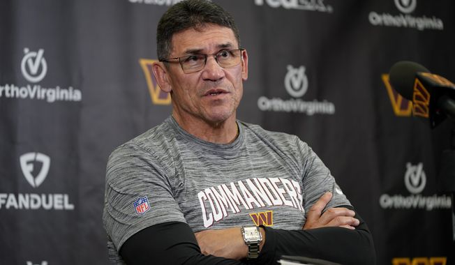 Washington Commanders head coach Ron Rivera speaks at a news conference before the NFL football team&#x27;s rookie minicamp practice, Friday, May 12, 2023, in Ashburn, Va. (AP Photo/Patrick Semansky)