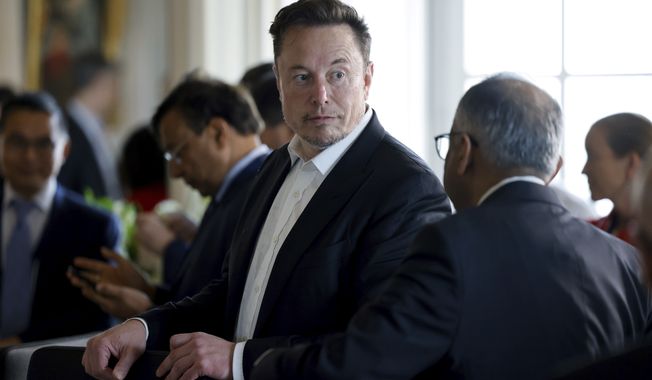 Twitter, now X. Corp, and Tesla CEO Elon Musk talks to another unidentified CEO prior to a meeting during the 6th edition of the &quot;Choose France&quot; summit, in Versailles, outside Paris, France, Monday, May 15, 2023. Macron is wooing investors to help &quot;re-industrialize&quot; France and reduce Europe&#x27;s dependence on China and the U.S. More than 200 international business leaders are expected Monday at an event staged at the palace of Versailles to promote foreign investment. (Ludovic Marin/ Pool Photo via AP)