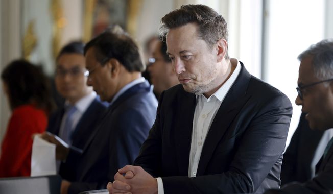 Twitter, SpaceX and Tesla CEO Elon Musk looks on prior to a meeting during the 6th edition of the &quot;Choose France&quot; summit, in Versailles, outside Paris, France, Monday, May 15, 2023. (Ludovic Marin/ Pool Photo via AP) ** FILE **