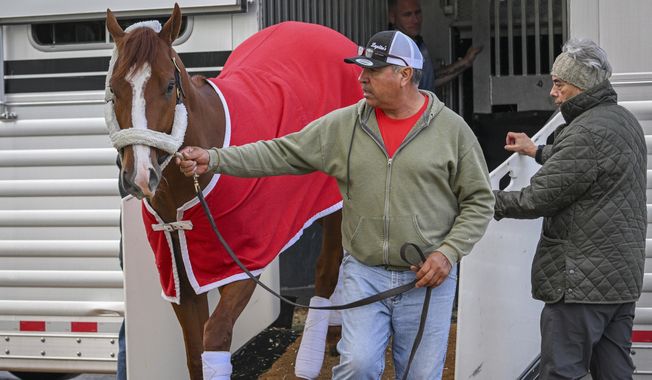 Kentucky Derby winner Mage arrives at Pimlico Race Course early Sunday, May 14, 2023 to prepare for this weekend&#x27;s Preakness Stakes as trainer Gustavo Delgado, Sr., right, looks on. (Jerry Jackson/The Baltimore Sun via AP)