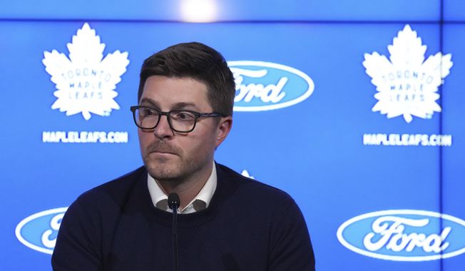 Toronto Maple Leafs general manager Kyle Dubas speaks to media during an end-of-season availability in Toronto, on Monday, May 15, 2023. The Maple Leafs were eliminated from the NHL playoffs by the Florida Panthers on Friday. (Nathan Denette/The Canadian Press via AP)