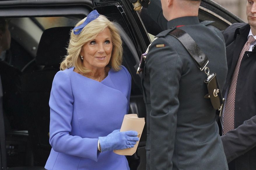 First Lady Jill Biden arrives at Westminster Abbey prior to the coronation ceremony of Britain's King Charles III in London Saturday, May 6, 2023. (Jacob King/PA via AP)