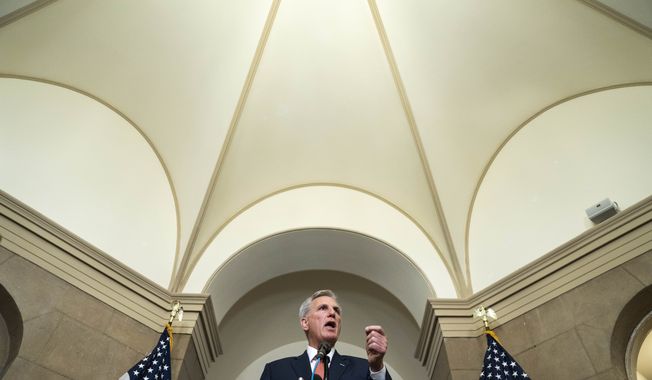 Speaker of the House Kevin McCarthy of Calif., speaks during a news conference, Tuesday, May 16, 2023, on Capitol Hill in Washington, after meeting at the White House with President Biden about the debt ceiling. (AP Photo/Jacquelyn Martin)