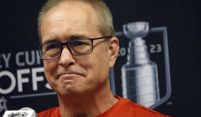 Florida Panthers Head Coach Paul Maurice talks after hockey practice Monday, May 15, 2023 at FLA Live Arena in Sunrise, Fla. The team travels to take on the Carolina Hurricane in a Stanley Cup semi-final series. (Joe Cavaretta/South Florida Sun-Sentinel via AP)