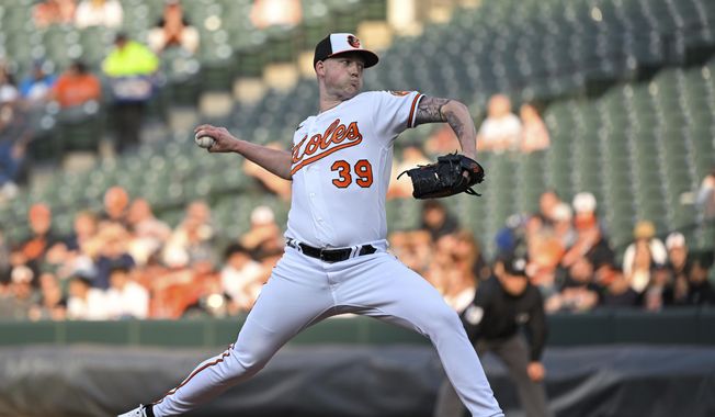 Baltimore Orioles starting pitcher Kyle Bradish (39) throws during the first inning of a baseball game against the Los Angeles Angels, Wednesday, May 17, 2023, in Baltimore. (AP Photo/Terrance Williams)