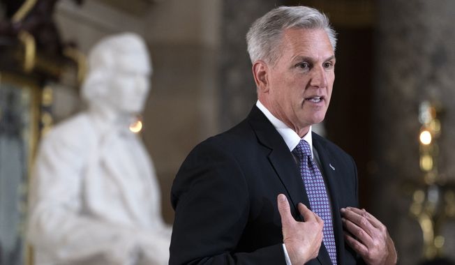 House Speaker Kevin McCarthy, of Calif., speaks about former House Speaker Paul Ryan, Wednesday, May 17, 2023, during a portrait unveiling of Ryan on Capitol Hill in Washington. (AP Photo/Jacquelyn Martin)