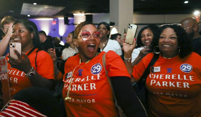 Supporters of Democratic candidate for mayor Cherelle Parker dance as early results come in at Parker&#x27;s watch party at Laborers 332 in Philadelphia on Tuesday, May 16, 2023. (Heather Khalifa/The Philadelphia Inquirer via AP)