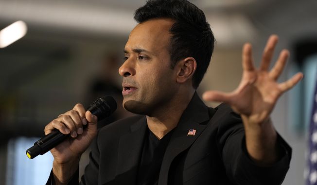 Republican presidential candidate Vivek Ramaswamy speaks during a campaign rally, Thursday, May 11, 2023, in Urbandale, Iowa. (AP Photo/Charlie Neibergall)