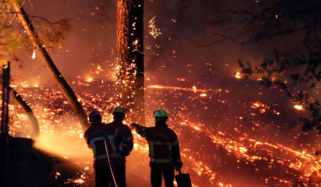 Firefighters battle a large fire at Chiberta forest in Anglet, southwestern France, Thursday, July 30, 2020. French lawmakers have voted to ban smoking in all forests and woods during the fire season, part of a series of proposed measures to tackle growing destruction and dangers from climate change-related blazes. (AP Photo/Bob Edme, File)
