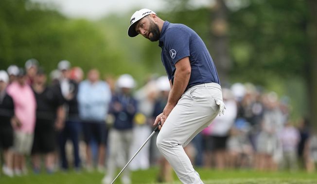 Jon Rahm, of Spain, reacts after missing a putt on the ninth hole during the second round of the PGA Championship golf tournament at Oak Hill Country Club on Friday, May 19, 2023, in Pittsford, N.Y. (AP Photo/Abbie Parr) **FILE**