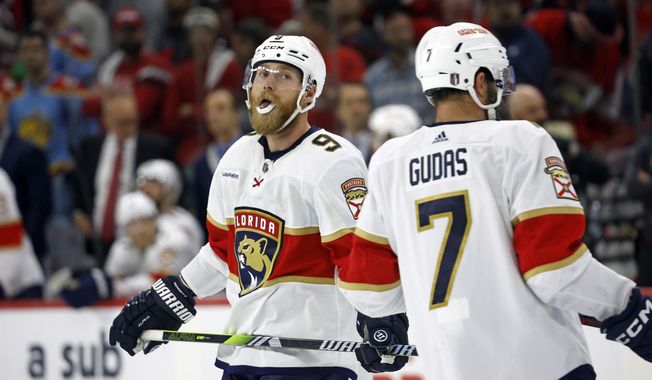 Florida Panthers&#x27; Sam Bennett (9) reacts following his shot being turned away by Carolina Hurricanes goaltender Frederik Andersen during the fourth overtime in Game 1 of the NHL hockey Stanley Cup Eastern Conference finals in Raleigh, N.C., early Friday, May 19, 2023. (AP Photo/Karl B DeBlaker)