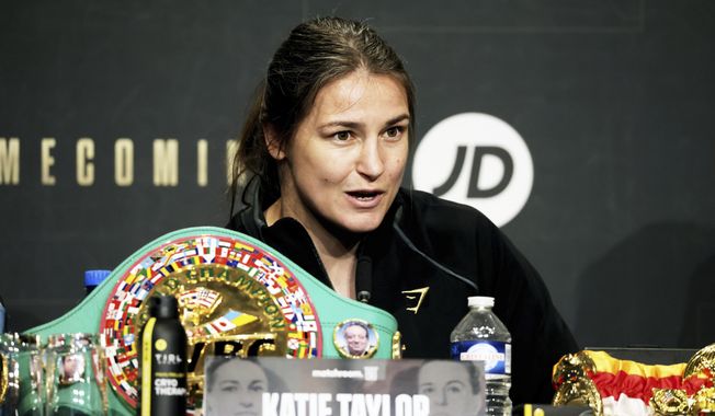 Ireland&#x27;s Katie Taylor, the undisputed Lightweight champion, speaks to the media during a press conference in Dublin, Ireland, Thursday, May 18, 2023. Taylor’s success has been paving the way for young Irish fighters as women’s boxing gains popularity around the world. (AP Photo/Peter Morrison)