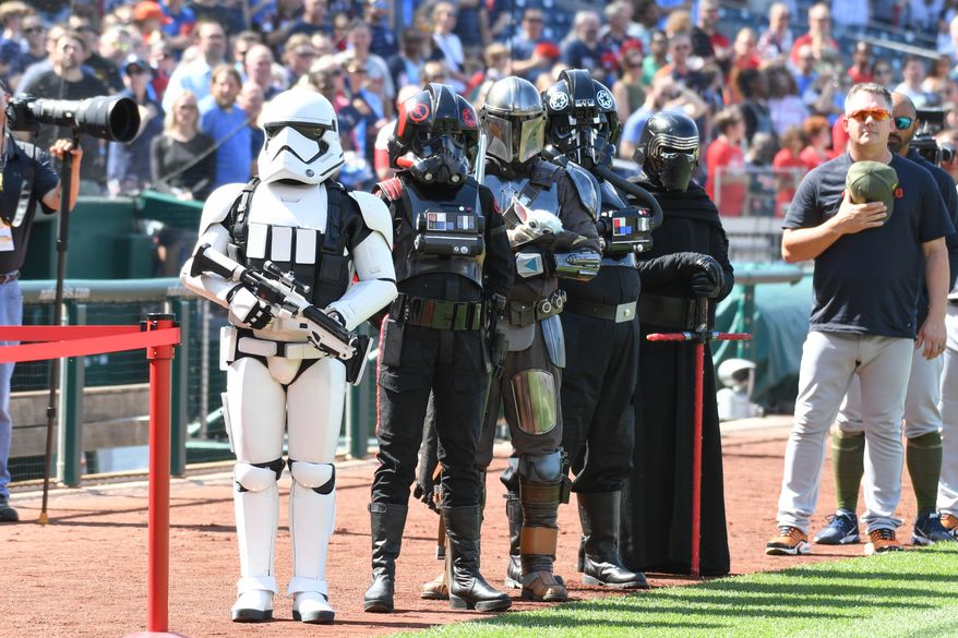 Star Wars characters line up for the national anthem before an MLB game against the Detroit Tigers on Star Wars Day at Nationals Park in Washington D.C., May 20, 2023. (Photo by Billy Sabatini/All-Pro Reels)