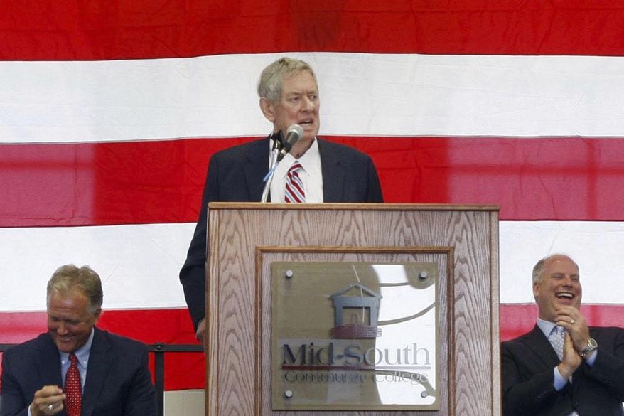 Former U.S. Rep. Marion Berry entertains the crowd during his remarks at the opening of the Marion Berry Renewable Energy Center at Mid-South Community College in West Memphis, Ark., Friday, Aug. 24, 2012. Berry, who was known for blunt rhetoric and his advocacy work for farmers and elderly residents in eastern Arkansas, has died. Berry's son, Mitch, in a statement Saturday, May 20, 2023 announced his father's death. (Alan Spearman/The Commercial Appeal via AP)