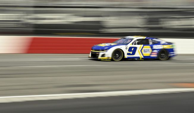Chase Elliott (9) competes during the NASCAR All-Star Cup Series auto race at North Wilkesboro Speedway, Sunday, May 21, 2023, in North Wilkesboro, N.C. (AP Photo/Matt Kelley)