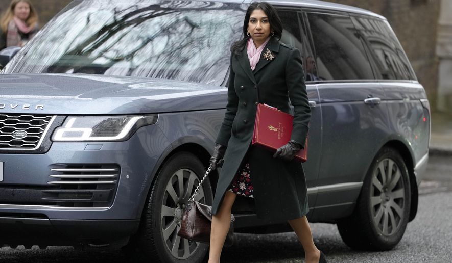 Britain's Home Secretary Suella Braverman arrives for a Cabinet meeting at 10 Downing Street in London, Tuesday, March 28, 2023. Britain’s interior minister Suella Bravermanon Monday brushed off reports that she tried to pull strings after getting a speeding ticket, saying “nothing untoward” had gone on. (AP Photo/Kirsty Wigglesworth) **FILE**