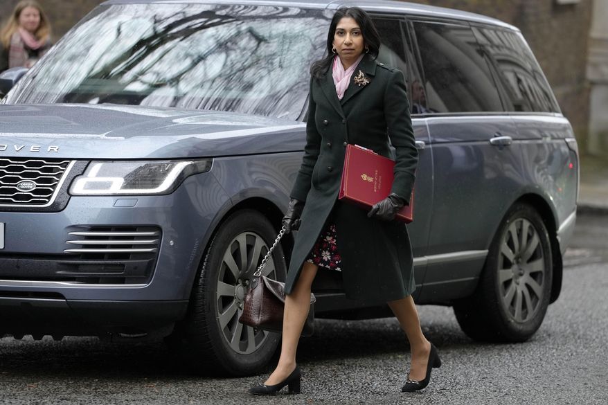 Britain's Home Secretary Suella Braverman arrives for a Cabinet meeting at 10 Downing Street in London, Tuesday, March 28, 2023. Britain’s interior minister Suella Bravermanon Monday brushed off reports that she tried to pull strings after getting a speeding ticket, saying “nothing untoward” had gone on. (AP Photo/Kirsty Wigglesworth) **FILE**