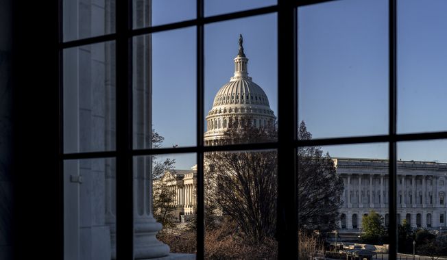 The U.S. Capitol is seen through a window in the Russell Senate Office Building in Washington, March 15, 2023. (AP Photo/J. Scott Applewhite, File)