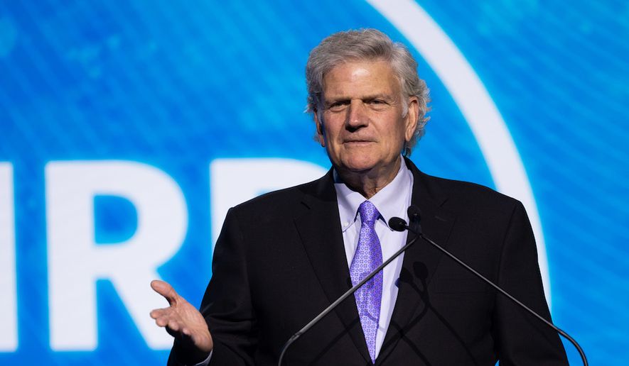 Evangelist Franklin Graham warns of a “coming storm” from opponents of the Gospel on Monday, May 22, 2023, at the National Religious Broadcasters convention in Orlando, Florida. (Photo by Mark Barber/Samaritan’s Purse, used with permission.)