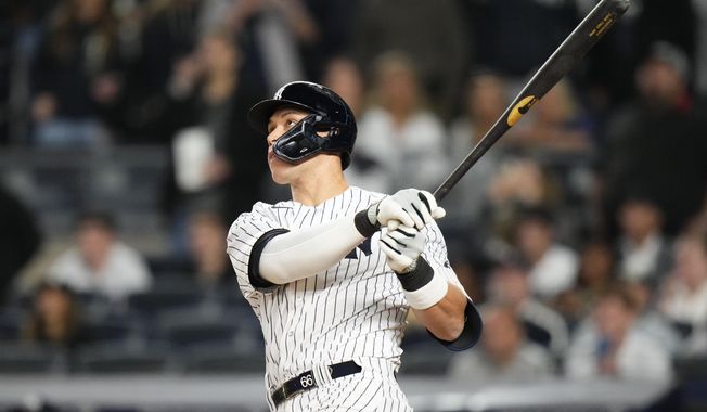 New York Yankees&#x27; Aaron Judge watches his home run during the ninth inning of the team&#x27;s baseball game against the Baltimore Orioles on Tuesday, May 23, 2023, in New York. (AP Photo/Frank Franklin II)
