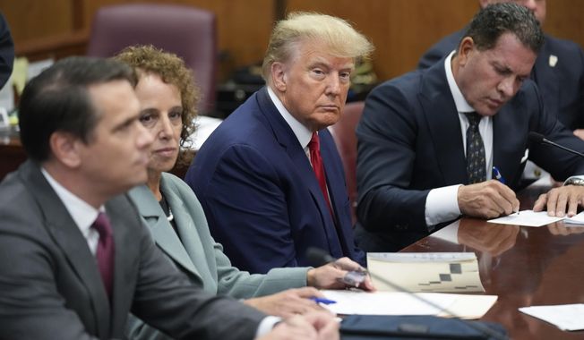 Former President Donald Trump sits at the defense table with his legal team in a Manhattan court, Tuesday, April 4, 2023, in New York. The judge in Donald Trump&#x27;s criminal case is holding a hybrid hearing Tuesday to make doubly sure the former president is aware of new rules barring him from using evidence to attack witnesses. Trump is allowed to speak publicly about the case, but he risks being held in contempt if he uses evidence turned over by prosecutors in the pretrial discovery process to target witnesses or others involved in the case. (AP Photo/Seth Wenig, Pool)