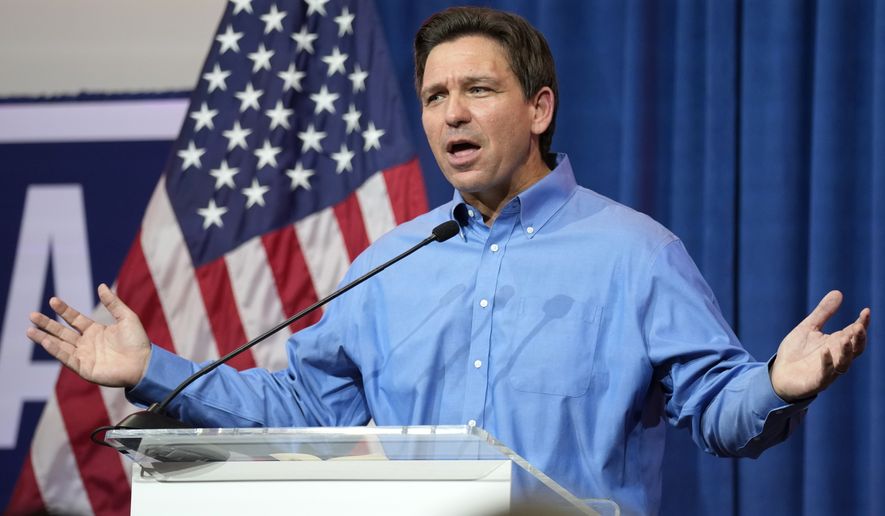 Florida Gov. Ron DeSantis speaks during a fundraising picnic for U.S. Rep. Randy Feenstra, R-Iowa, Saturday, May 13, 2023, in Sioux Center, Iowa. (AP Photo/Charlie Neibergall)