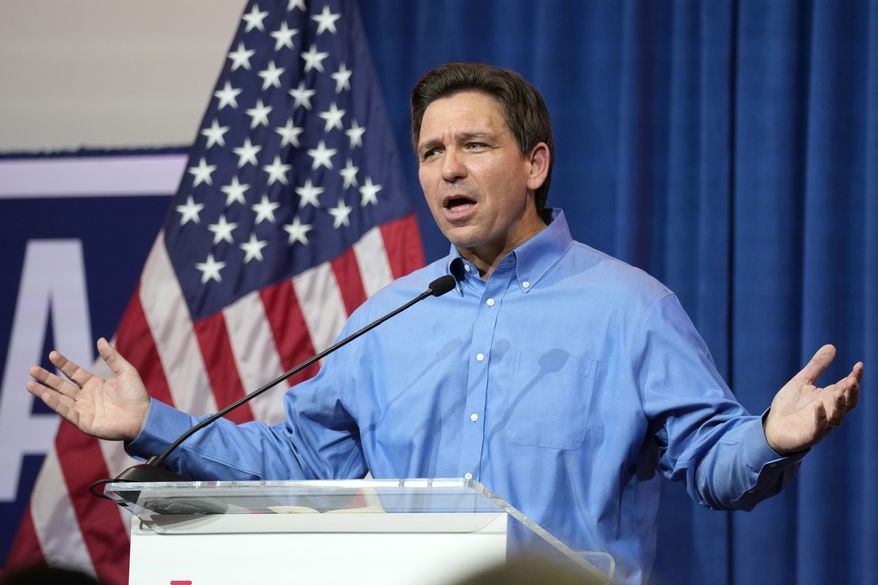 Florida Gov. Ron DeSantis speaks during a fundraising picnic for U.S. Rep. Randy Feenstra, R-Iowa, Saturday, May 13, 2023, in Sioux Center, Iowa. (AP Photo/Charlie Neibergall)