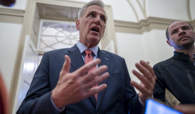 Speaker of the House Kevin McCarthy, R-Calif., speaks to reporters at the Capitol in Washington, Wednesday, May 24, 2023. (AP Photo/J. Scott Applewhite)