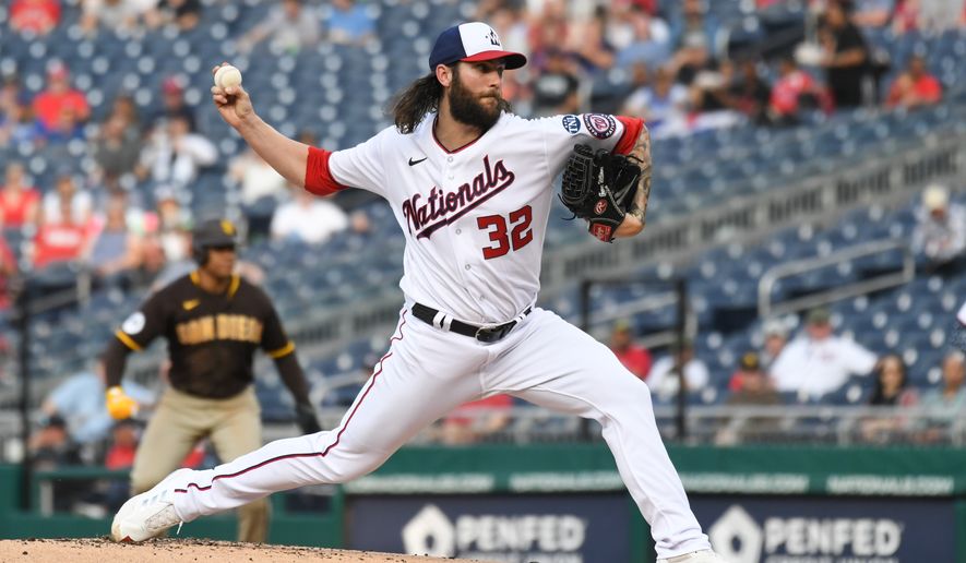 Washington Nationals starting pitcher Trevor Williams (32) throwing a pitch during the first inning of an MLB game against the San Diego Padres at Nationals Park in Washington D.C., May 24, 2023. (Photo by Billy Sabatini/All-Pro Reels)