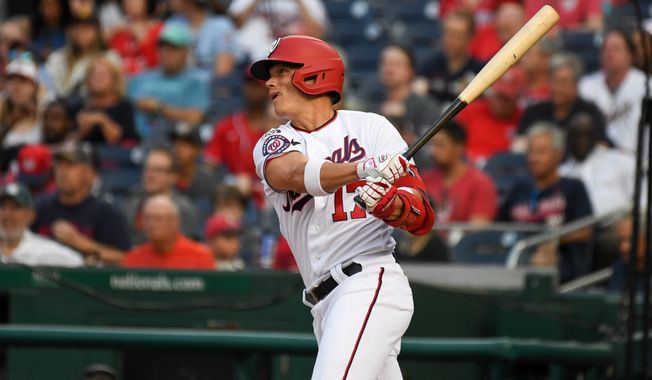 Washington Nationals centerfielder Alex Call (17) hitting an RBI double in the second inning of an MLB game against the San Diego Padres at Nationals Park in Washington D.C., May 24, 2023. (Photo by Billy Sabatini/All-Pro Reels)
