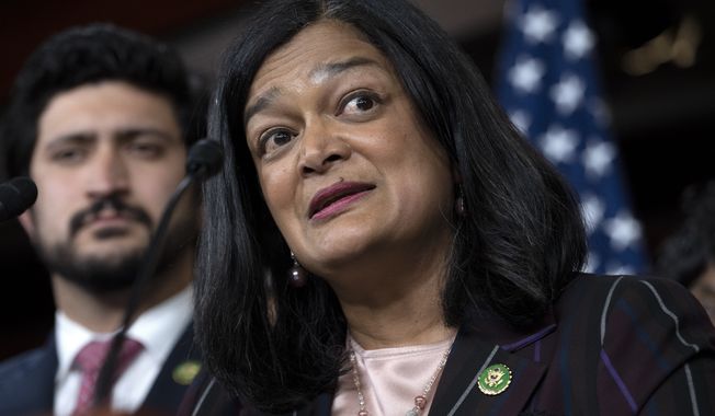 Congressional Progressive Caucus Chair Rep. Pramila Jayapal, D-Wash., right, next to Rep. Greg Casar, D-Texas, speaks about the threat of default during a news conference, Wednesday, May 24, 2023, on Capitol Hill in Washington. (AP Photo/Jacquelyn Martin)