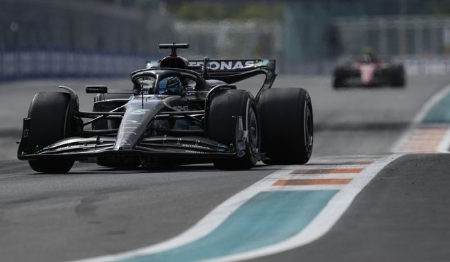 Mercedes driver George Russell, of Britain, steers during the Formula One Miami Grand Prix auto race at Miami International Autodrome in Miami Gardens, Fla., Sunday, May 7, 2023. (AP Photo/Rebecca Blackwell)