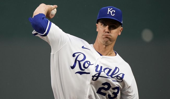Kansas City Royals starting pitcher Zack Greinke throws during the third inning of a baseball game against the Detroit Tigers Wednesday, May 24, 2023, in Kansas City, Mo. (AP Photo/Charlie Riedel)
