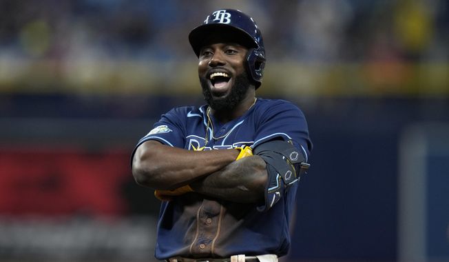Tampa Bay Rays&#x27; Randy Arozarena reacts after his RBI single off Toronto Blue Jays relief pitcher Adam Cimber during the seventh inning of a baseball game Thursday, May 25, 2023, in St. Petersburg, Fla. (AP Photo/Chris O&#x27;Meara)